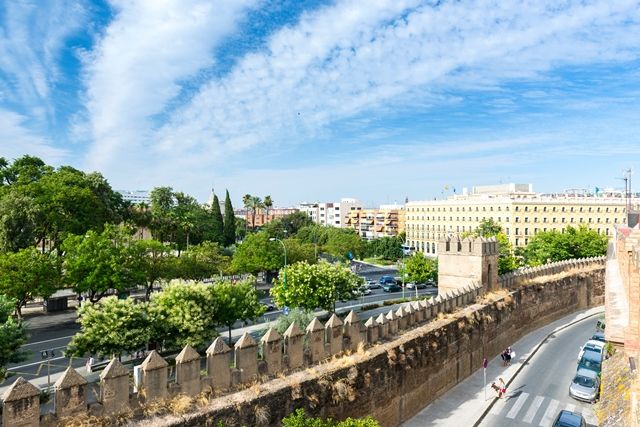Fachada Vista exteriro desde la muralla de la Macarena, donde podemos ver la fachada de nuestro hotel junto con los jardines del Parlamento Andaluz.
